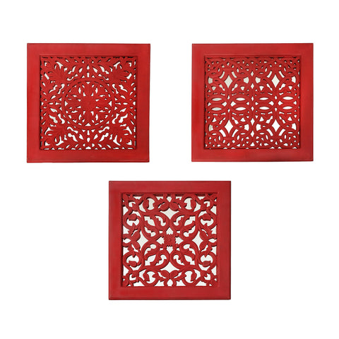 Fretwork Wall Art: Red (Set Of 3)